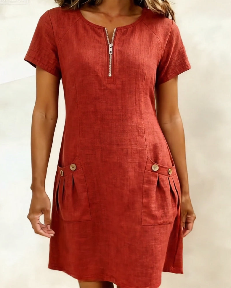 Robe courte coupe A-line en coton et lin à fermeture zippée pour femme