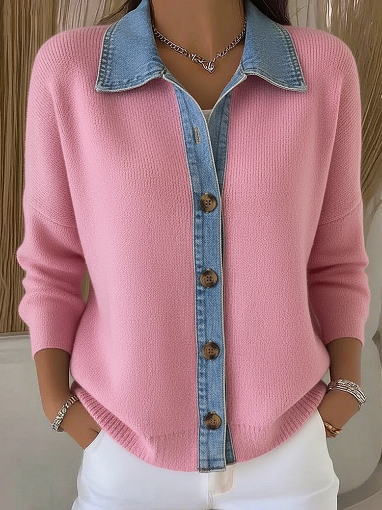 Cardigan Femme En Tricot Col Polo Avec Patchs En Denim
