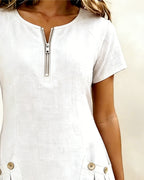 Robe courte coupe A-line en coton et lin à fermeture zippée pour femme