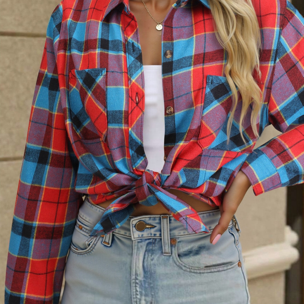 Chemise à carreaux avec poches poitrine coupe décontractée pour femme