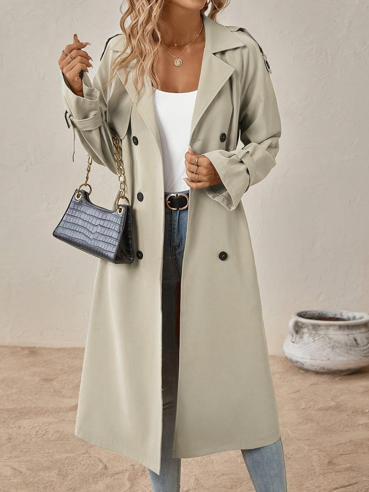 Trench Long Femme En Coton Mélangé À Taille Ajustée