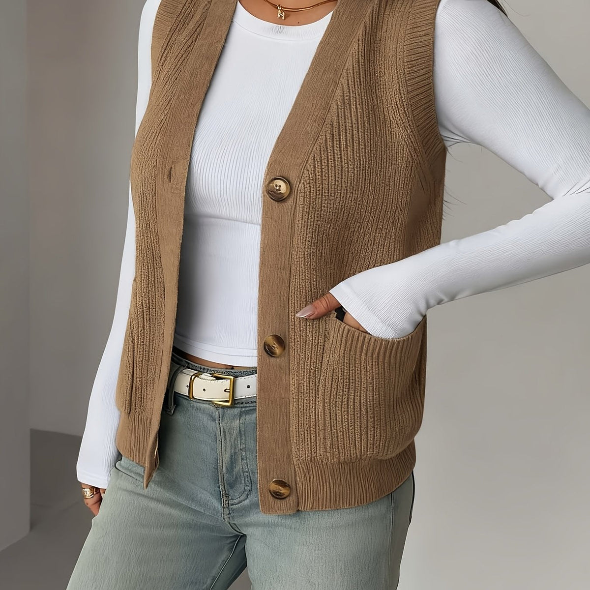 Gilet en maille boutonné à col V et poches pour femme