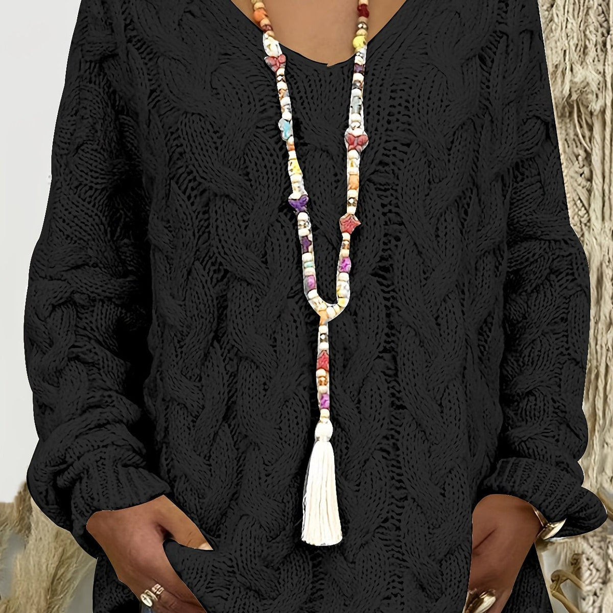 Pull en maille torsadée à col V coupe ample pour femme