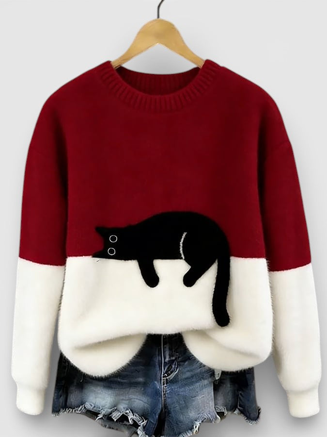 Pull Femme En Coton À Imprimé Chat Et Coupe Ample