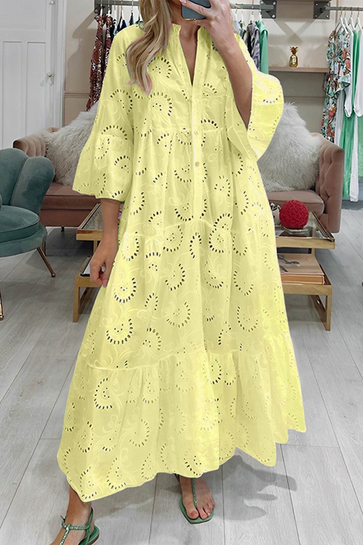 Robe Longue Femme En Coton Brodé Col V Manches Évasées