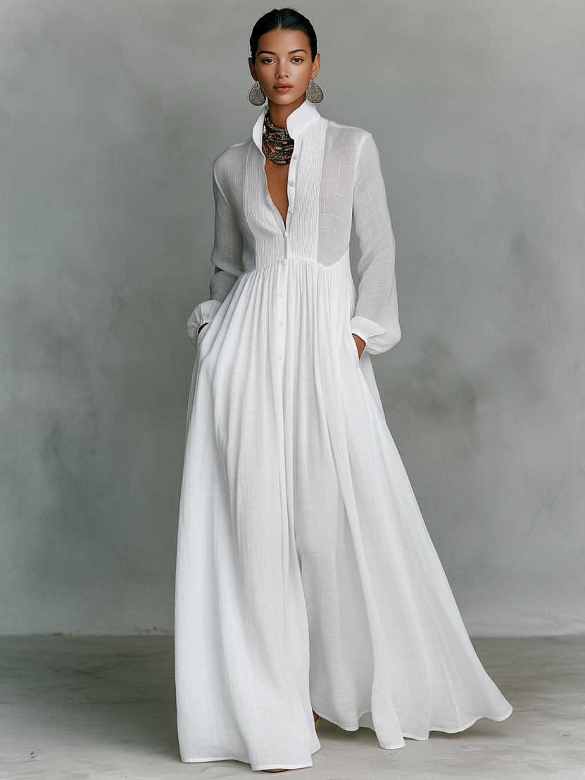 Robe Longue Femme En Coton Et Lin Col Montant Manches Longues