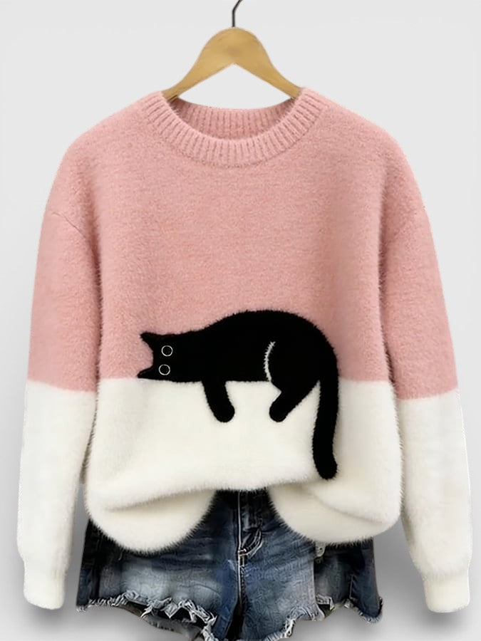 Pull Femme En Coton À Imprimé Chat Et Coupe Ample