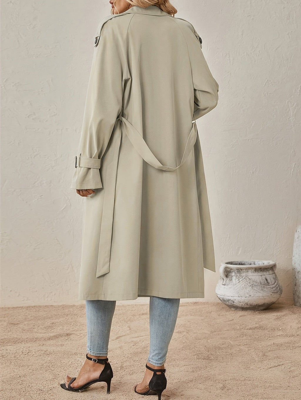 Trench Long Femme En Coton Mélangé À Taille Ajustée