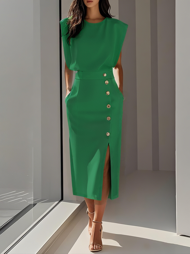 Robe midi unie décolleté rond et fente boutonnée pour femme