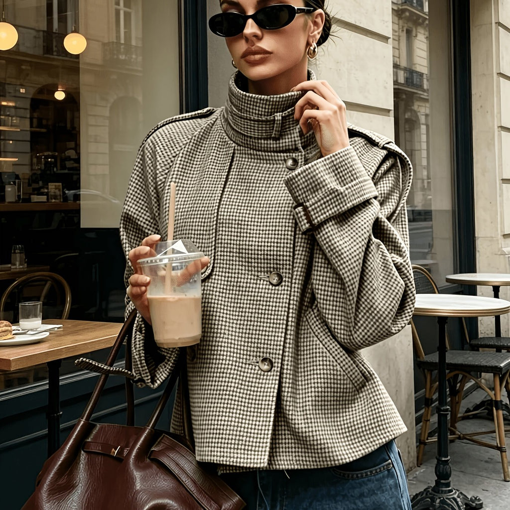 Manteau Court Femme Pied-De-Poule À Col Montant