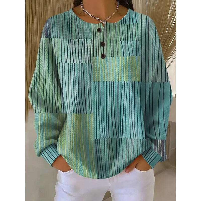 Sweat texturé à imprimé artistique et col boutonné pour femme