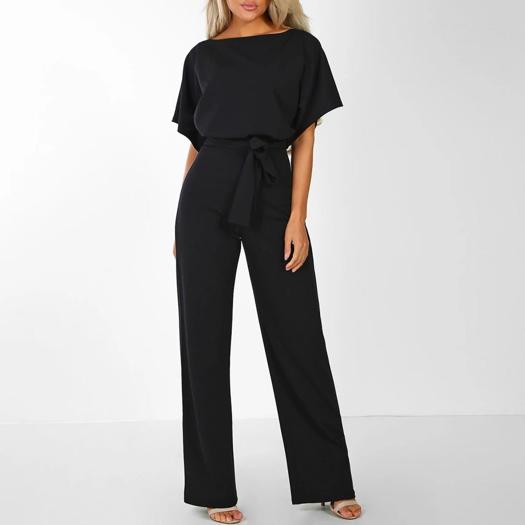 Combinaison Femme Fluide À Jambes Larges Et Ceinture Nouée