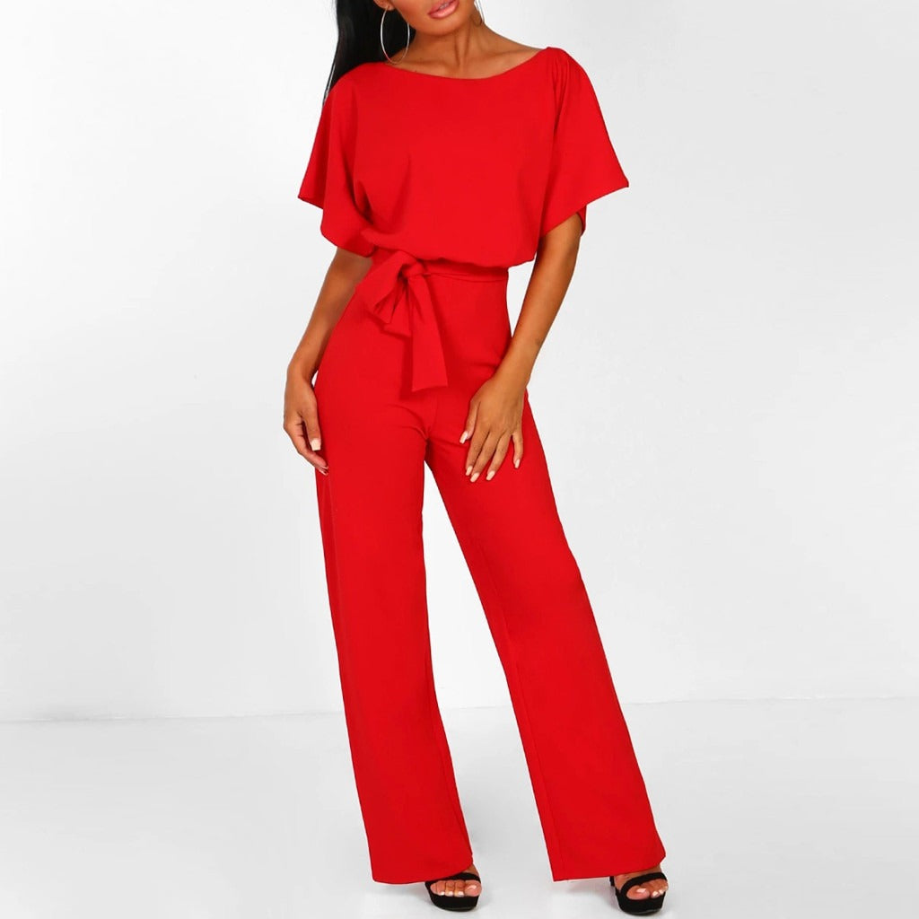Combinaison Femme Fluide À Jambes Larges Et Ceinture Nouée