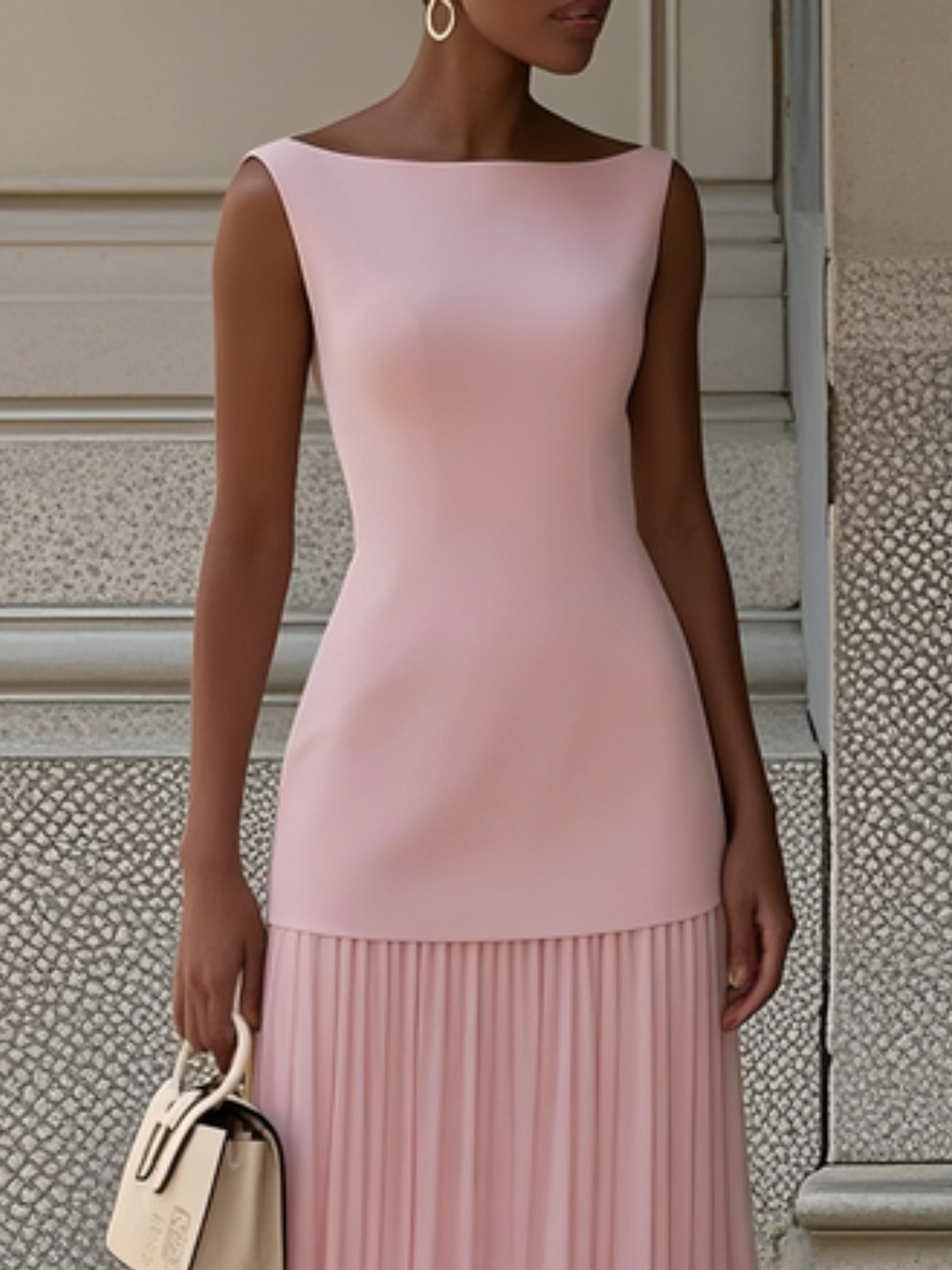 Robe longue plissée sans manches pour femme
