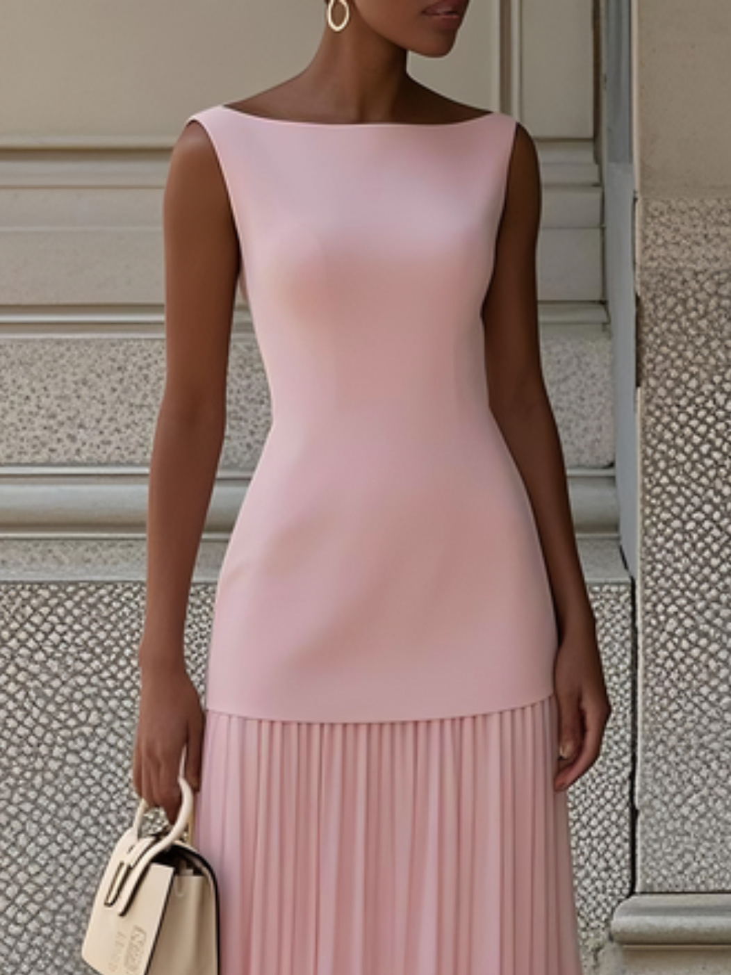 Robe longue plissée sans manches pour femme