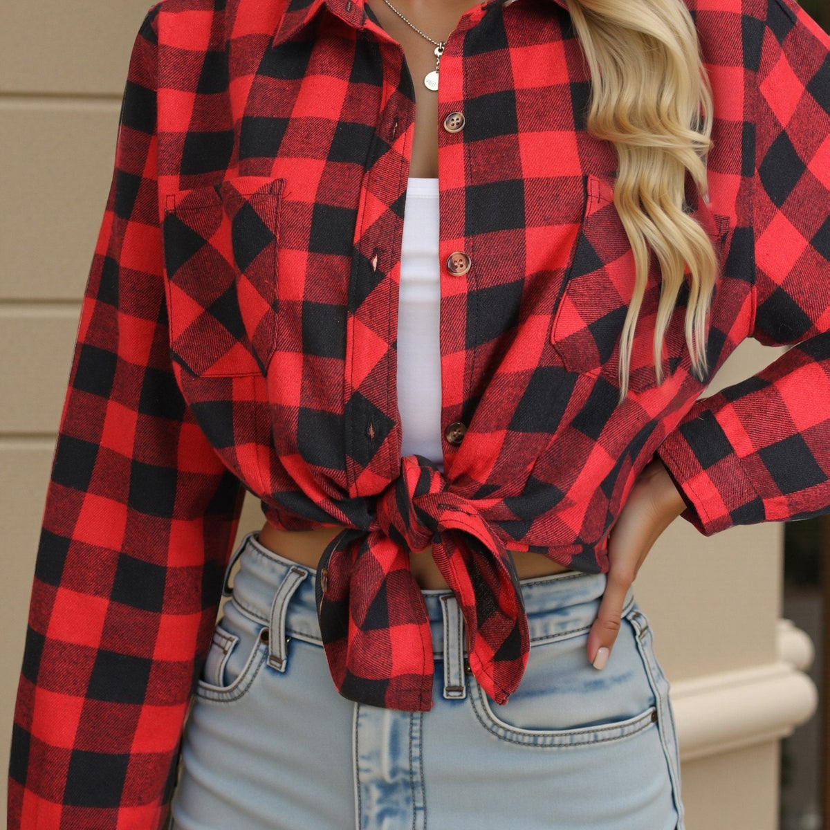Chemise à carreaux avec poches poitrine coupe décontractée pour femme