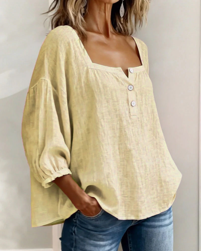 Blouse en lin mélangé à encolure carrée pour femme