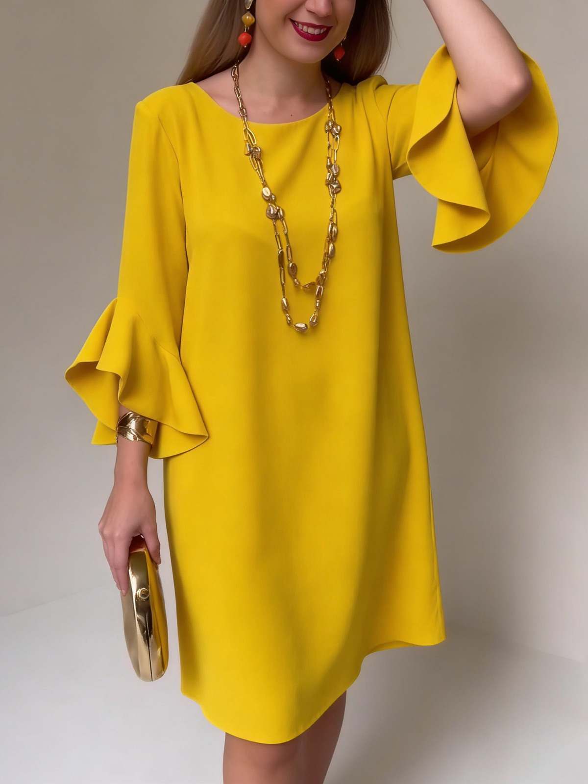 Robe Fluide Femme Courte À Manches Volantées Et Col Rond