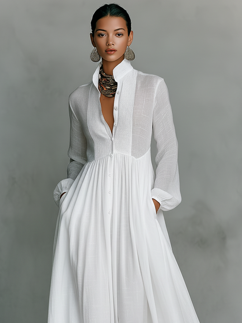 Robe Longue Femme En Coton Et Lin Col Montant Manches Longues