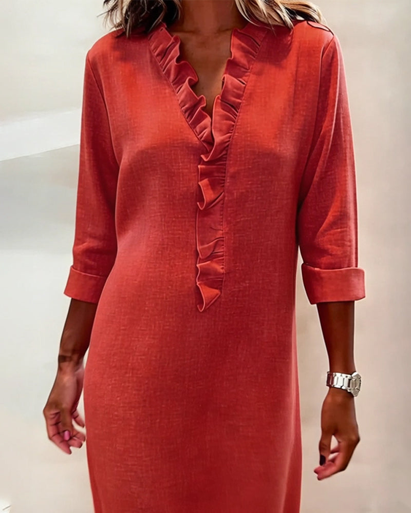 Robe Lin Femme À Col V Et Volants Manches Longues