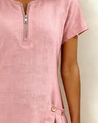 Robe courte coupe A-line en coton et lin à fermeture zippée pour femme