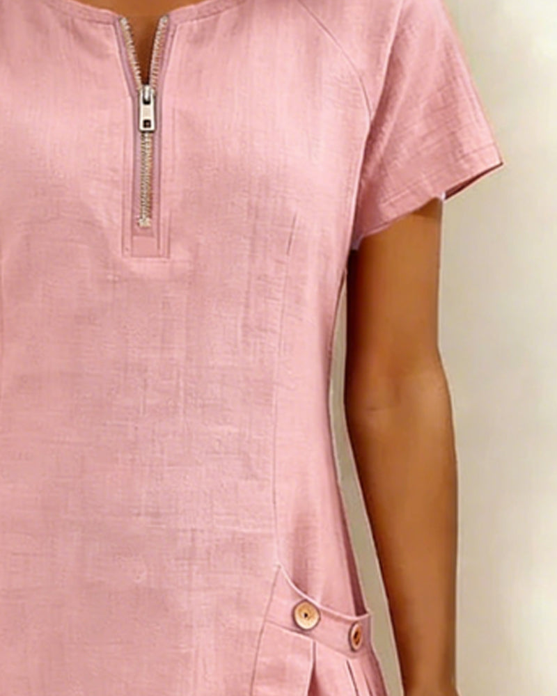 Robe courte coupe A-line en coton et lin à fermeture zippée pour femme