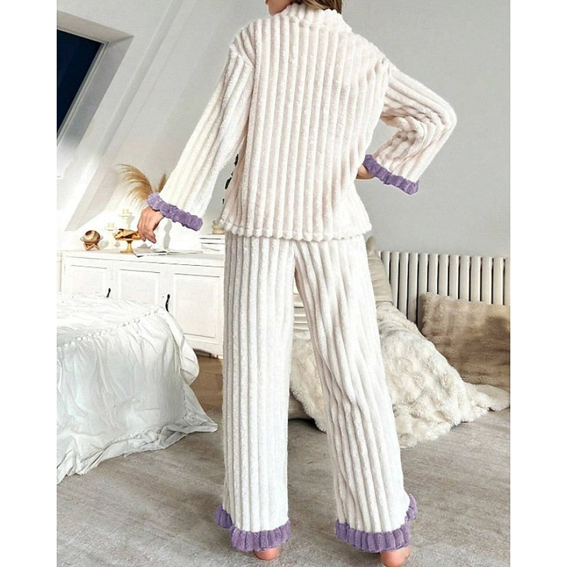 Ensemble d'intérieur deux pièces à volants et col V pour femme