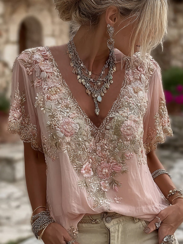 Blouse Femme Brodée À Fleurs Col V Coupe Fluide