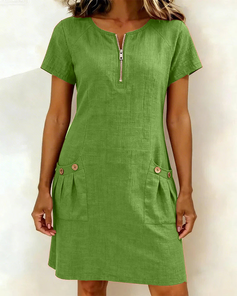 Robe courte coupe A-line en coton et lin à fermeture zippée pour femme