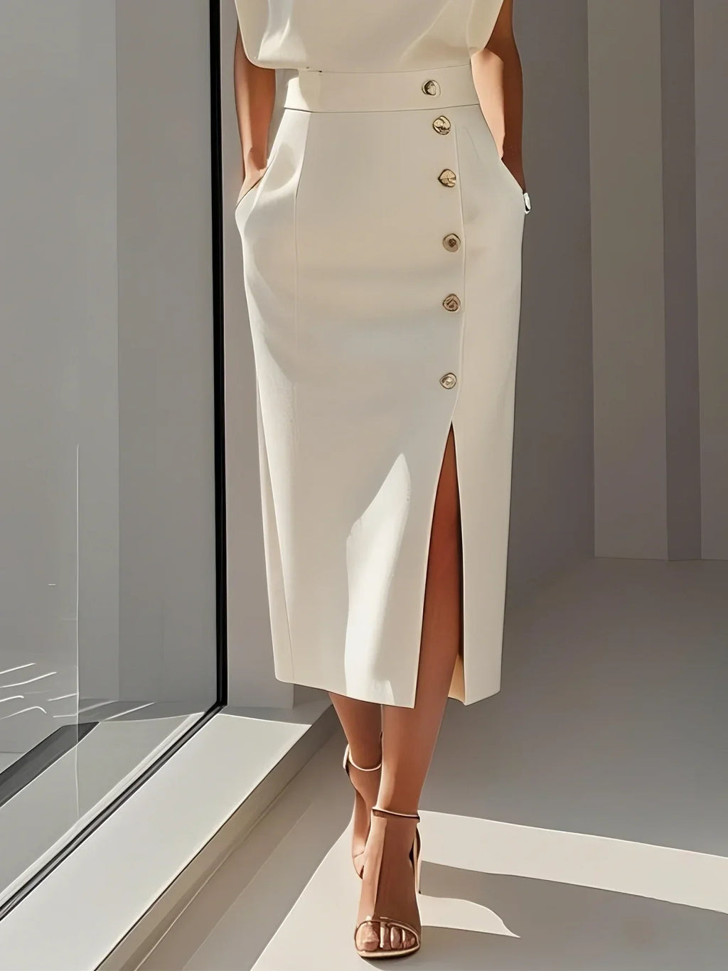 Robe midi unie décolleté rond et fente boutonnée pour femme