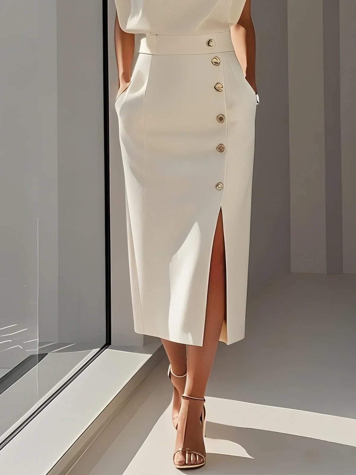 Robe midi unie décolleté rond et fente boutonnée pour femme