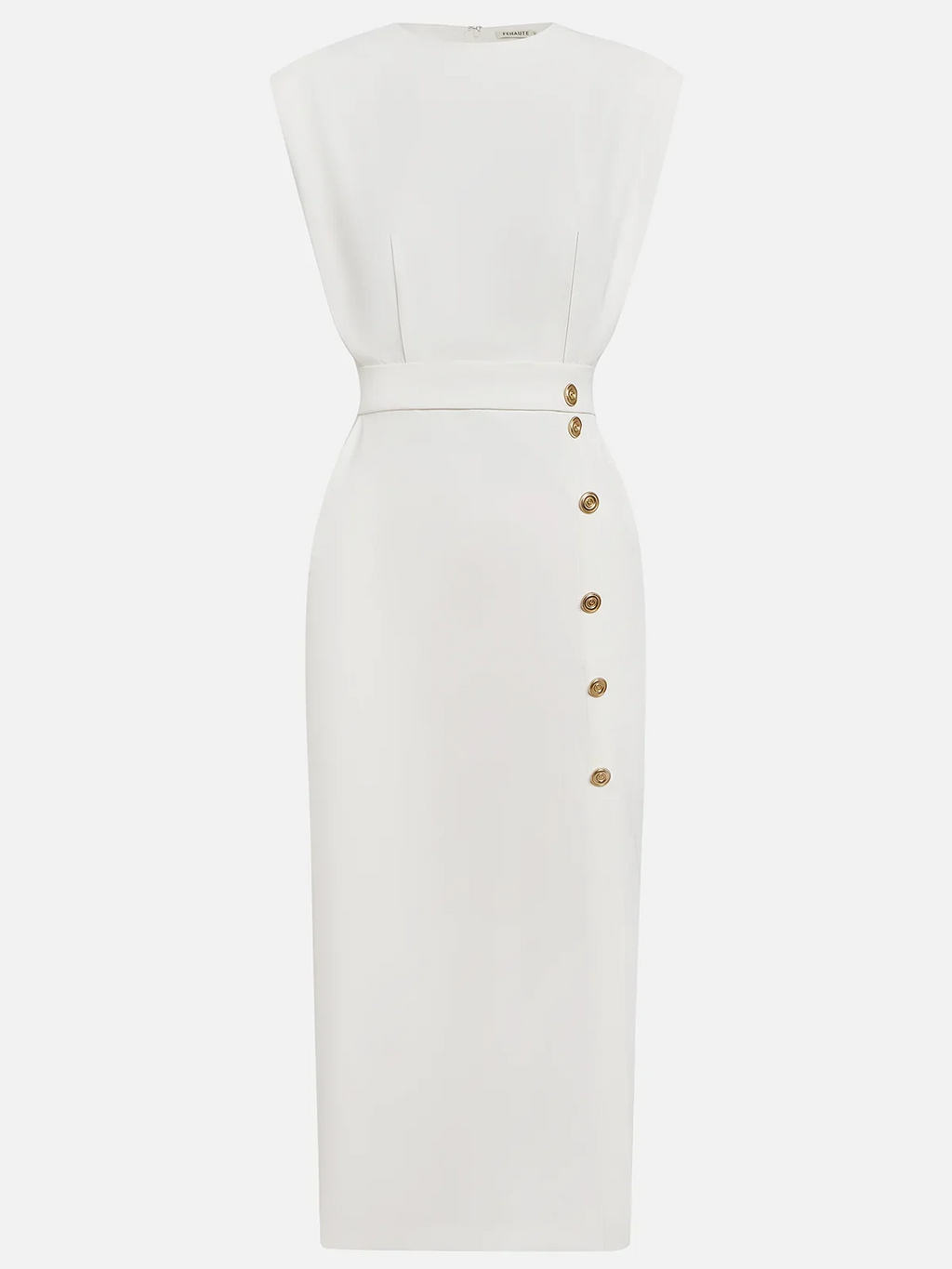 Robe midi unie décolleté rond et fente boutonnée pour femme