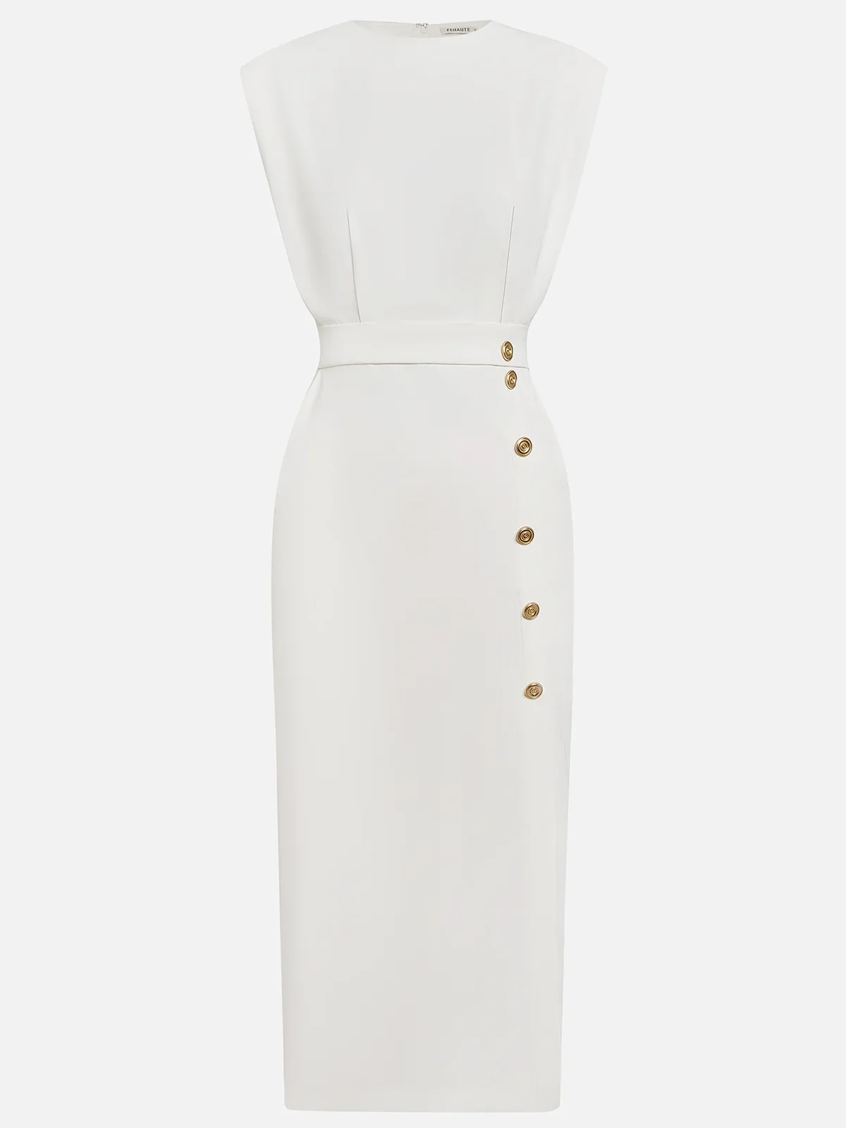 Robe midi unie décolleté rond et fente boutonnée pour femme