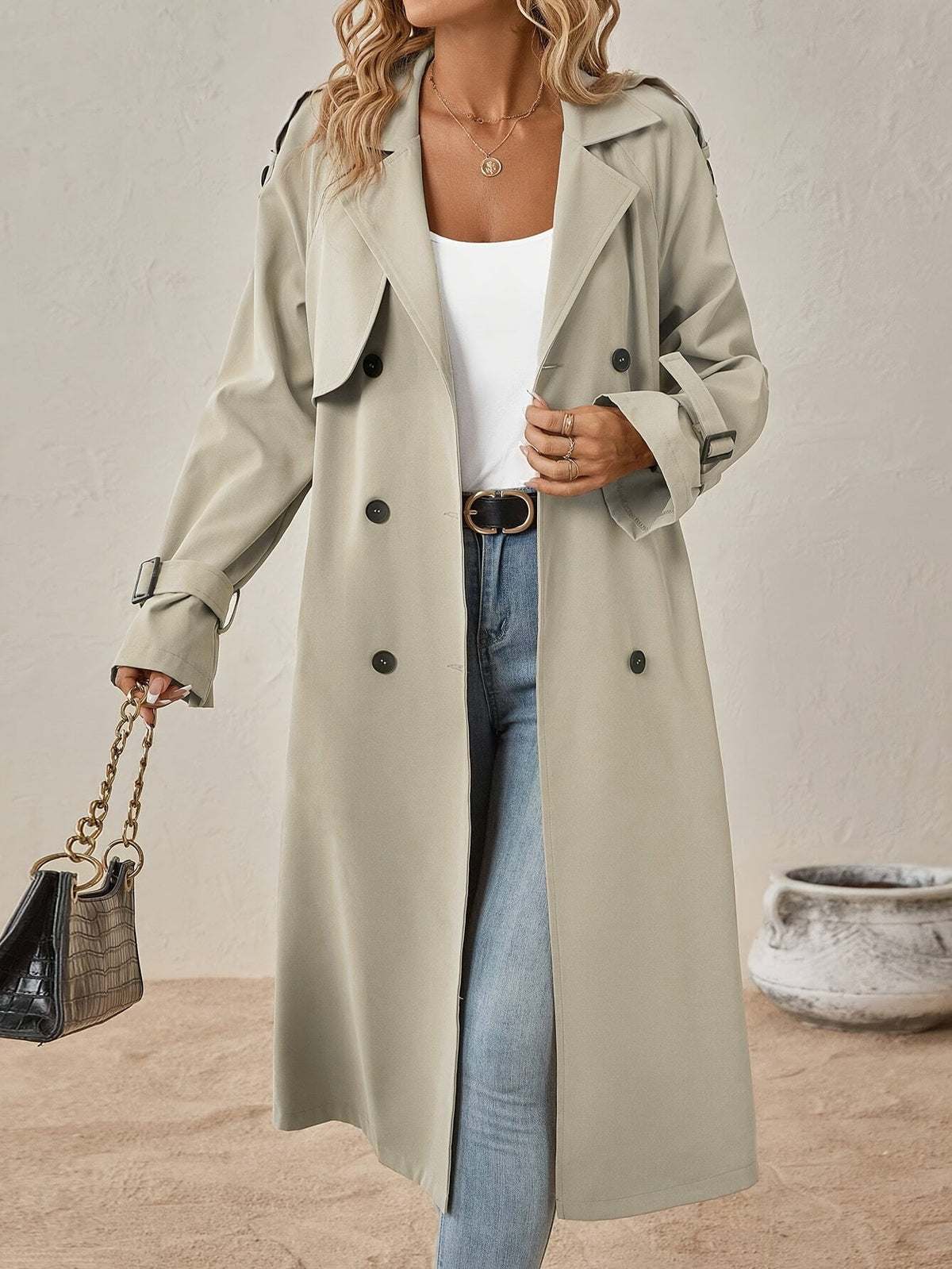 Trench Long Femme En Coton Mélangé À Taille Ajustée