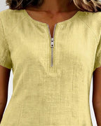 Robe courte coupe A-line en coton et lin à fermeture zippée pour femme