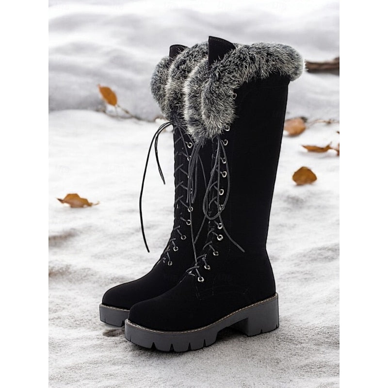 Bottes hautes femme à lacets avec revers en fourrure