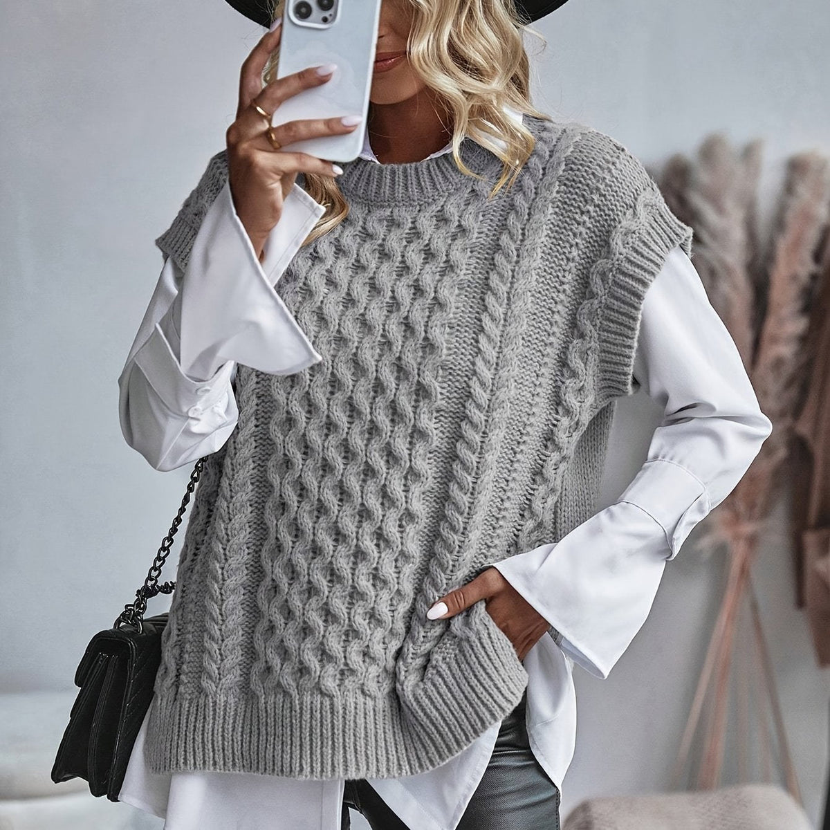 Débardeur long en maille torsadée à col rond pour femme