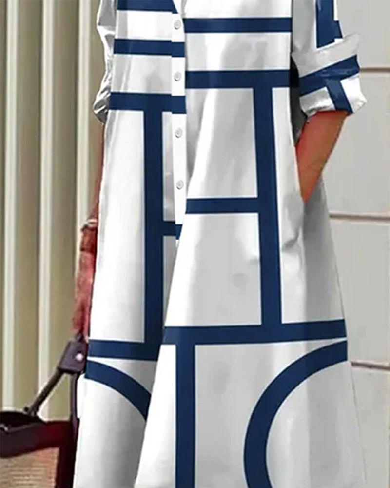 Robe Chemise Femme Midi À Imprimé Géométrique Et Poches