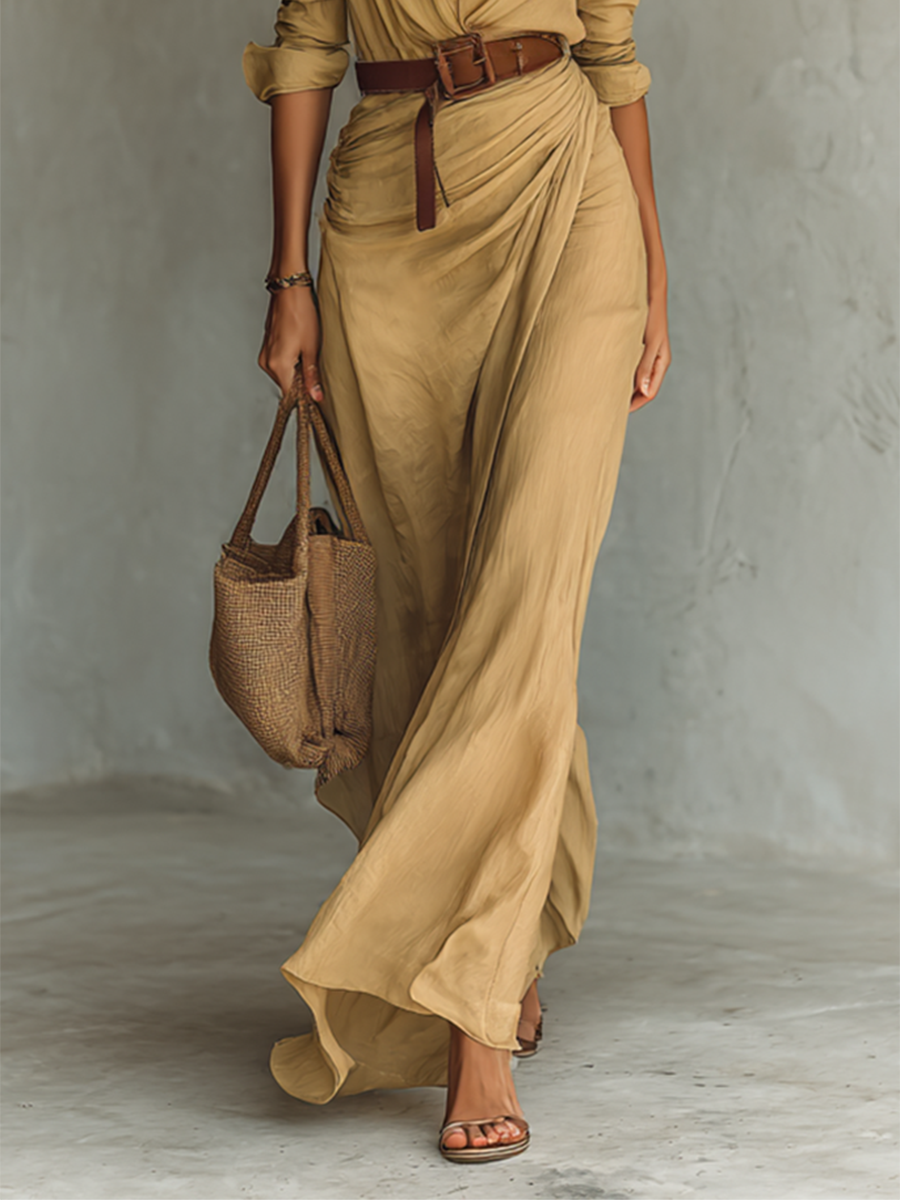 Robe Longue Femme Fluide En Polyester Col À Revers