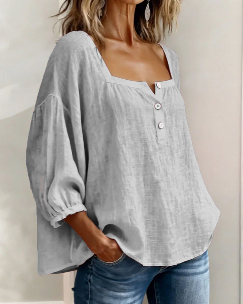 Blouse en lin mélangé à encolure carrée pour femme
