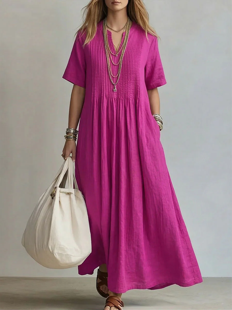 Robe Longue Femme Fluide Col V Manches Courtes
