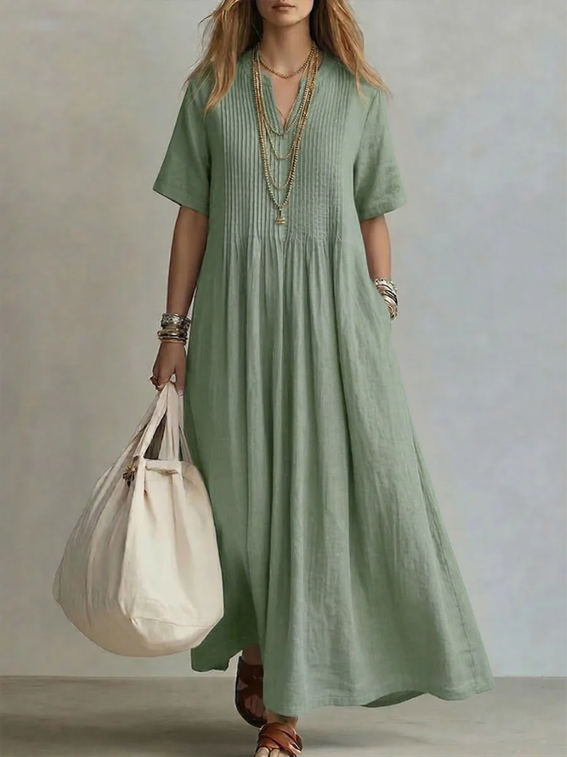 Robe Longue Femme Fluide Col V Manches Courtes
