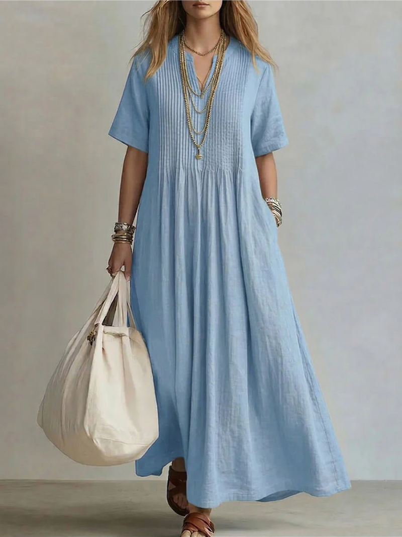 Robe Longue Femme Fluide Col V Manches Courtes