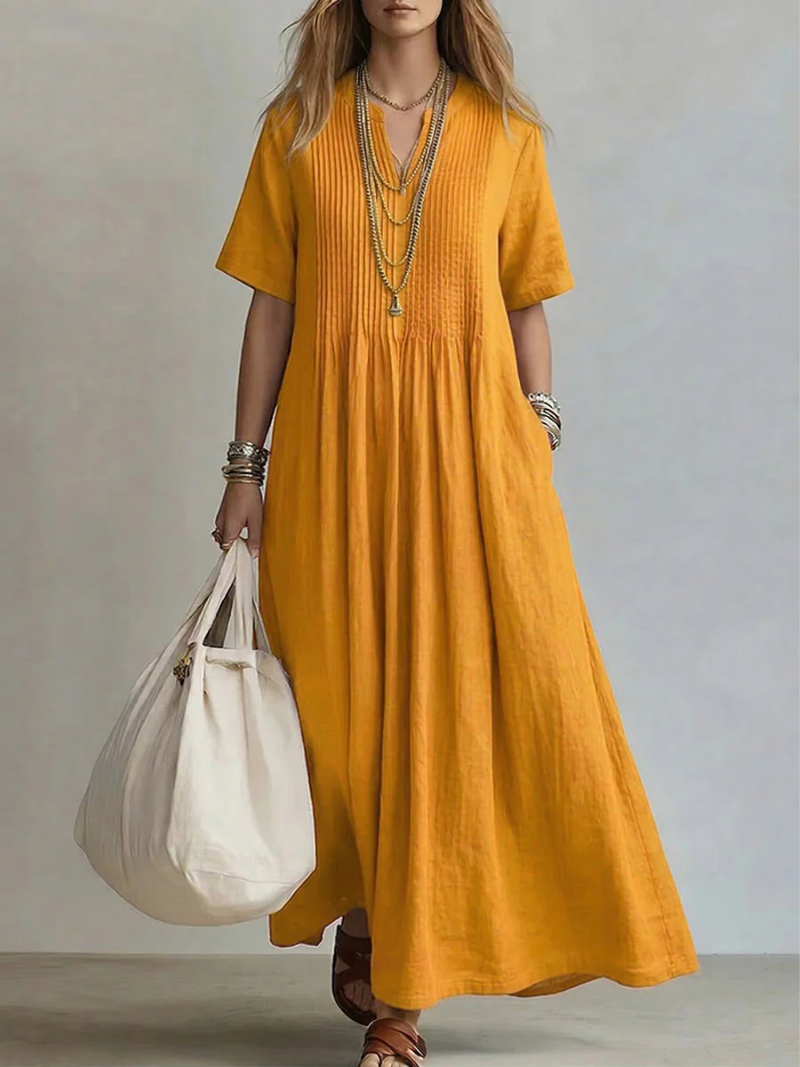 Robe Longue Femme Fluide Col V Manches Courtes
