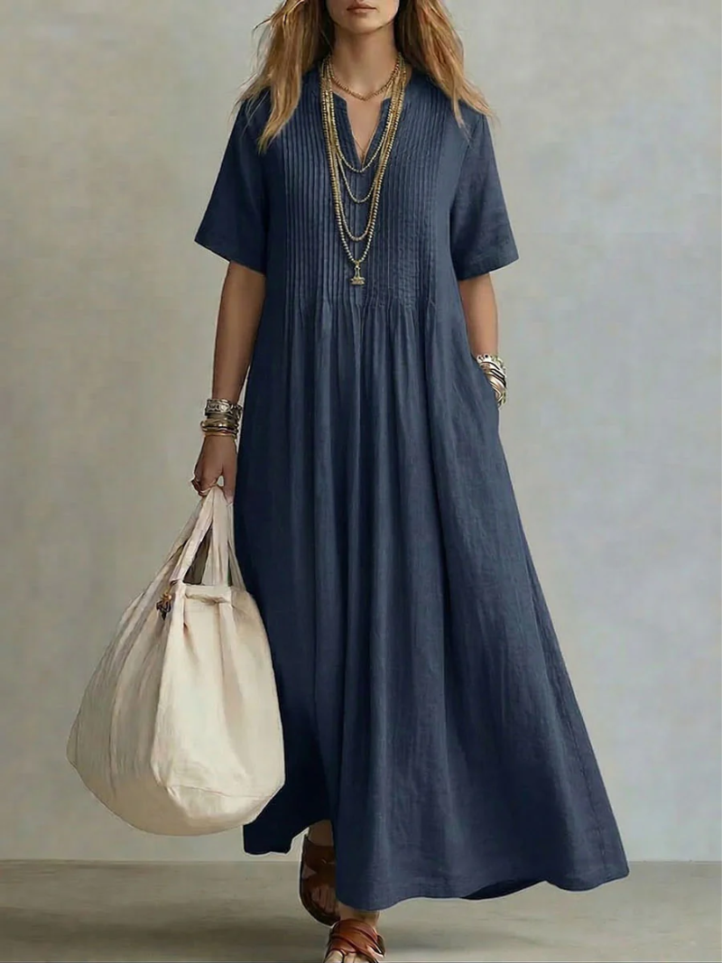 Robe Longue Femme Fluide Col V Manches Courtes
