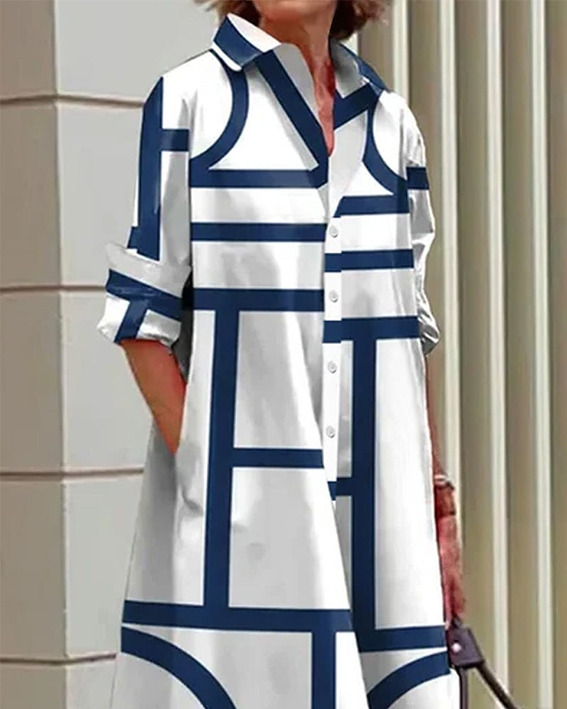 Robe Chemise Femme Midi À Imprimé Géométrique Et Poches