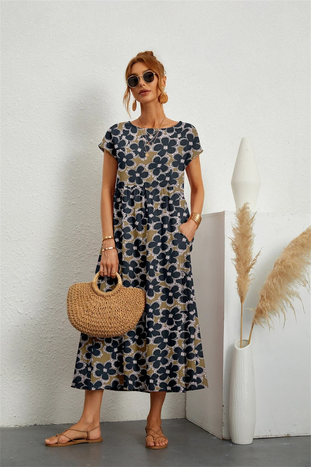 Robe Fleurie Femme Midi En Coton Et Lin À Manches Courtes