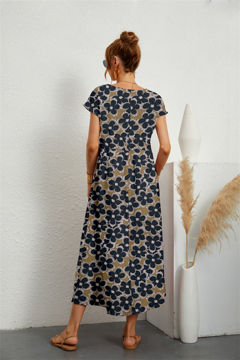 Robe Fleurie Femme Midi En Coton Et Lin À Manches Courtes