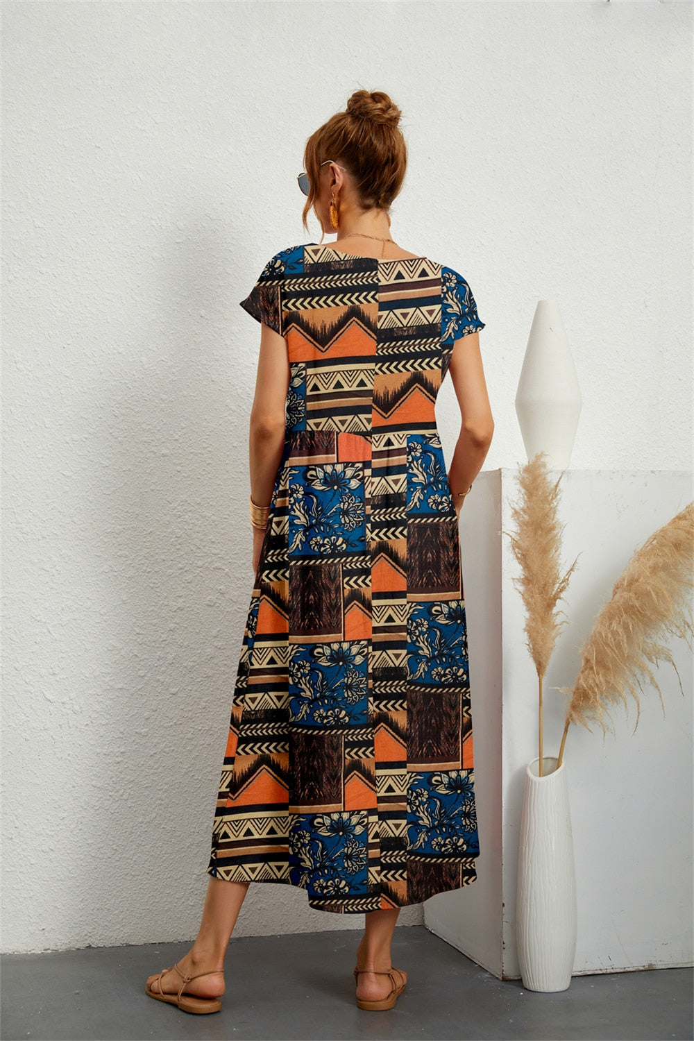 Robe Fleurie Femme Midi En Coton Et Lin À Manches Courtes