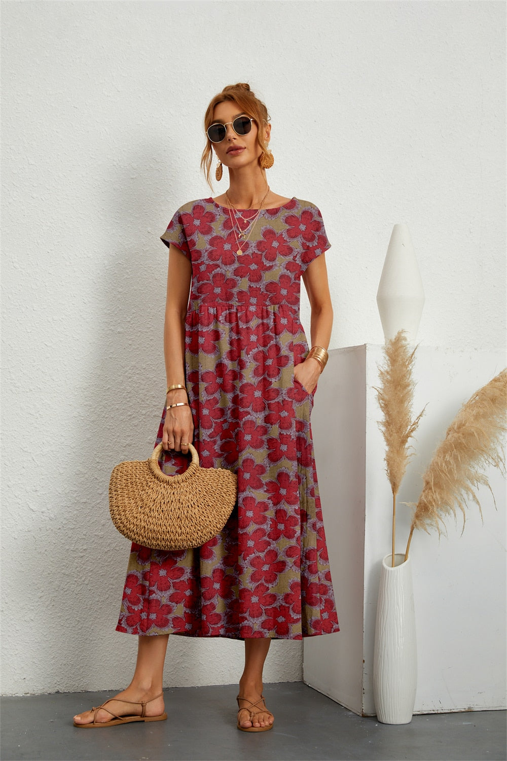 Robe Fleurie Femme Midi En Coton Et Lin À Manches Courtes